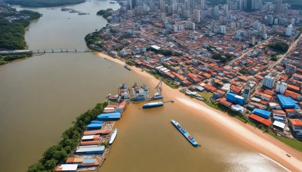 Vista aérea da Barra do Pará com rio, barcos, porto movimentado e cidade ribeirinha, destacando a importância na navegação e desenvolvimento do Brasil.